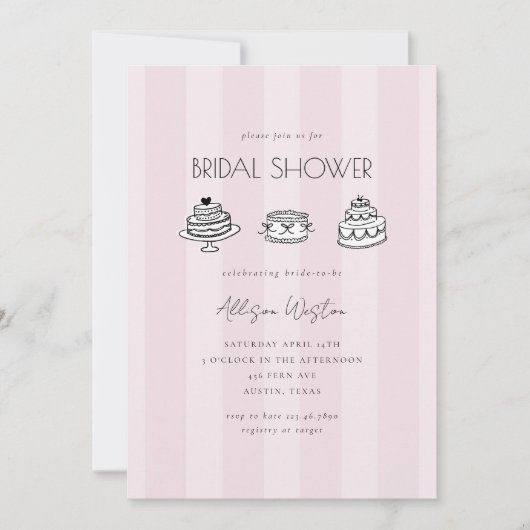 Pink Striped Vintage Cake Bridal Shower Invitation Kaart (Voorkant)