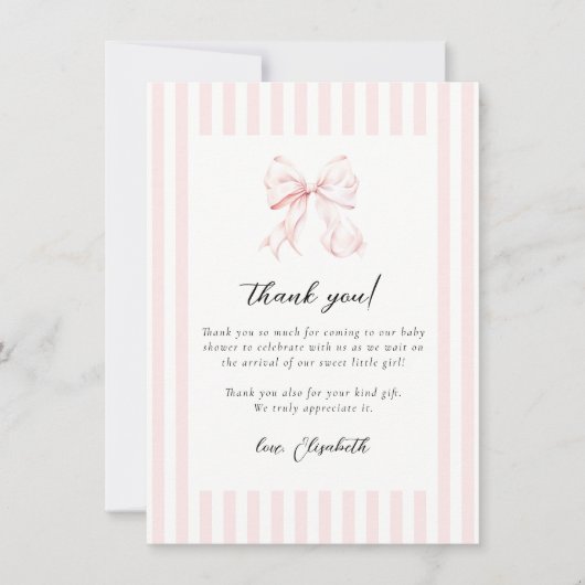 Pink Stripes Bow Baby shower Bedankkaart (Voorkant)