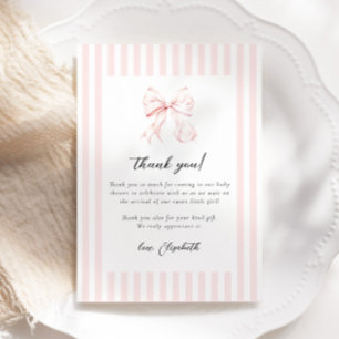 Pink Stripes Bow Baby shower Bedankkaart