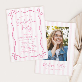 Pink Stripes Bow Frame Graduation Party Photo Kaart