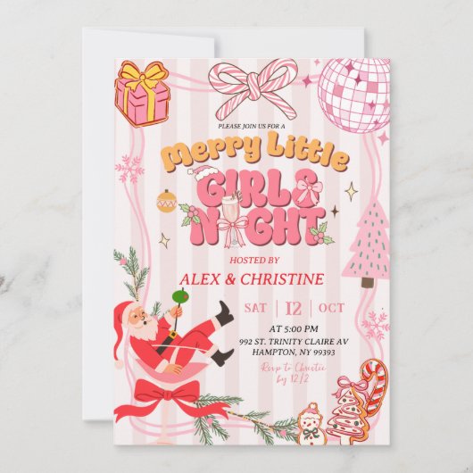 Pink Stripes Cute Retro Christmas Girls Night Out Kaart (Voorkant)