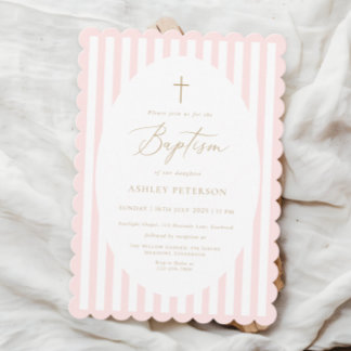 Pink Stripes Girl Baptism Invitation Kaart
