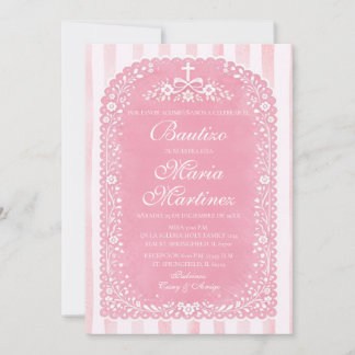 Pink Stripes Girl Spanish Bautizo Papel Picado Kaart