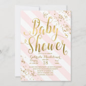 Pink Stripes Gold Glitter Confetti Baby shower Kaart (Voorkant)