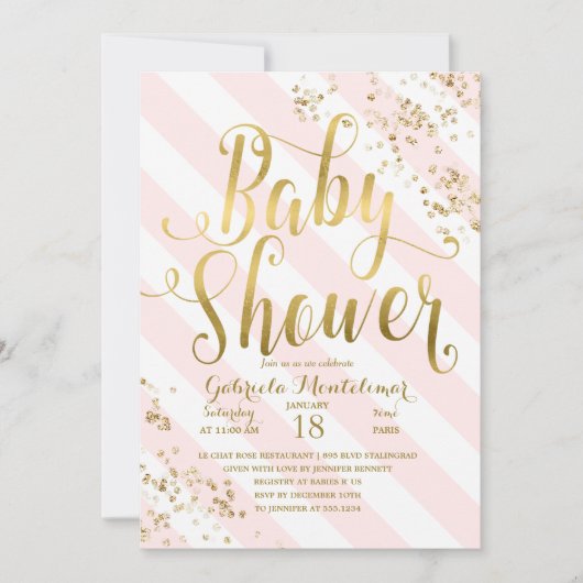 Pink Stripes Gold Glitter Confetti Baby shower Kaart (Voorkant)