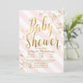 Pink Stripes Gold Glitter Confetti Baby shower Kaart (Staand voorkant)