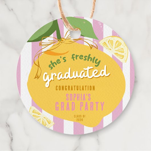 Pink Stripes Lemons Yellow Bow Graduation Bedankjes Labels