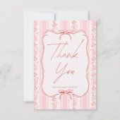 Pink stripes retro bow border elegant baby shower bedankkaart (Voorkant)
