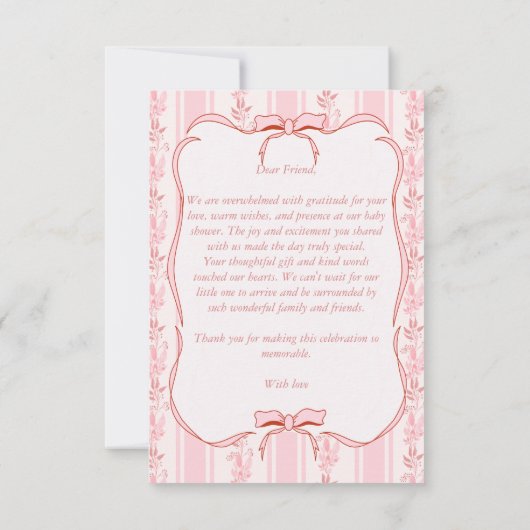 Pink stripes retro bow border elegant baby shower bedankkaart (Achterkant)