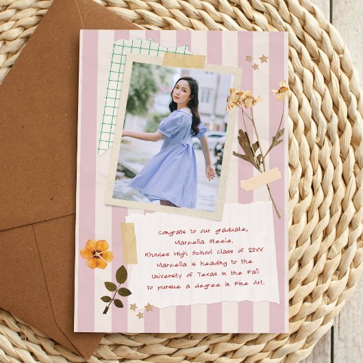 Pink Stripes Scrapbook Style Graduation Photo Aankondiging