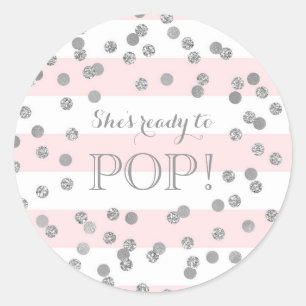 Pink Stripes Silver Confetti Ze is klaar om te Pop Ronde Sticker