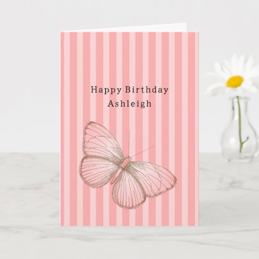 Pink Stripes with Butterfly Birthday Kaart (Kleine Plant)