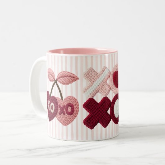 Pink Stripes XOXO Cherry  Tweekleurige Koffiemok (Voorkant links)