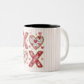 Pink Stripes XOXO hearts Tweekleurige Koffiemok (Voorkant rechts)