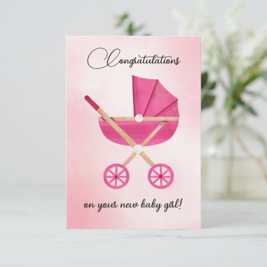 Pink stroller Baby Girl Congratulations Card (Staand voorkant)