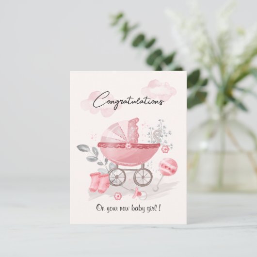 Pink Stroller baby girl congratulations card Briefkaart (Staand voorkant)