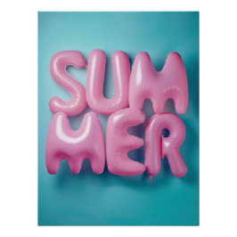 Pink "Summer" Balloons on Vibrant Turquoise Perfect Poster