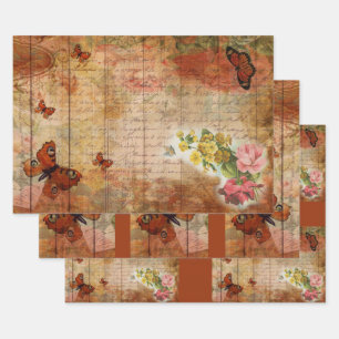 Pink Summer Butterfly met Flowers Ephemera Inpakpapier Vel