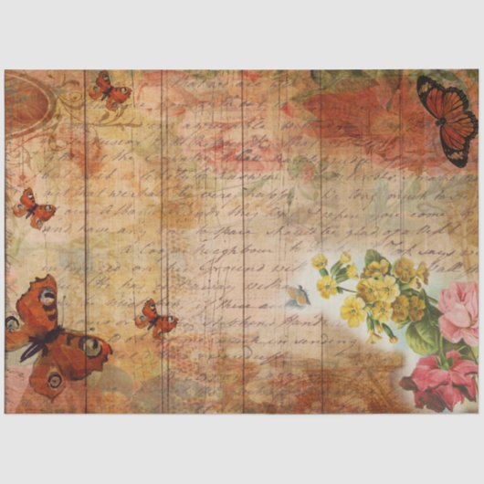 Pink Summer Butterfly met Flowers Ephemera Tissuepapier (Voorkant)