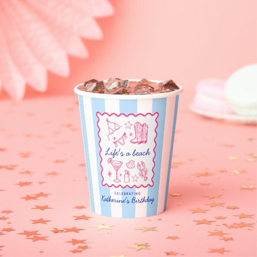 Pink Summer Favorites Blue Stripes Birthday  Papieren Bekers (Insitu)