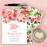 Pink Summer Floral  30th Birthday Kaart<br><div class="desc">Rozen, pinda's en bruinvissen creëer zomerroze bloemen. Buds en bladeren voegen een bijtende vibe toe. De 30e wordt geschreven in een grote vetgedrukte tekst. Het kan voor elk jaar worden gewijzigd dat u wilt. De naam van de verjaardagsberoemde wordt geschreven in een elegant manuscriptdoopvont. De achterkant van de uitnodiging is...</div>