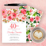 Pink Summer Floral  40th Birthday Kaart<br><div class="desc">Rozen, pinda's en bruinvissen creëer zomerroze bloemen. Buds en bladeren voegen een bijtende vibe toe. De 40ste wordt geschreven in een grote vetgedrukte tekst. Het kan voor elk jaar worden gewijzigd dat u wilt. De naam van de verjaardagsberoemde wordt geschreven in een elegant manuscriptdoopvont. De achterkant van de uitnodiging is...</div>