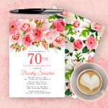 Pink Summer Floral  70th Birthday Kaart<br><div class="desc">Rozen, pinda's en bruinvissen creëer zomerroze bloemen. Buds en bladeren voegen een bijtende vibe toe. De 70ste wordt geschreven in een grote vetgedrukte tekst. Het kan voor elk jaar worden gewijzigd dat u wilt. De naam van de verjaardagsberoemde wordt geschreven in een elegant manuscriptdoopvont. De achterkant van de uitnodiging is...</div>