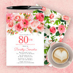 Pink Summer Floral  80th Birthday Invitation Kaart<br><div class="desc">Rozen, pinda's en bruinvissen creëer zomerroze bloemen. Buds en bladeren voegen een bijtende vibe toe. De 80ste wordt geschreven in een grote vetgedrukte tekst. Het kan voor elk jaar worden gewijzigd dat u wilt. De naam van de verjaardagsberoemde wordt geschreven in een elegant manuscriptdoopvont. De achterkant van de uitnodiging is...</div>