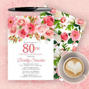Pink Summer Floral  80th Birthday Invitation Kaart