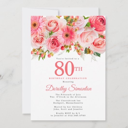 Pink Summer Floral 80th Birthday Invitation Kaart (Voorkant)