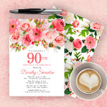 Pink Summer Floral  90th Birthday Kaart<br><div class="desc">Rozen, pinda's en bruinvissen creëer zomerroze bloemen. Buds en bladeren voegen een bijtende vibe toe. De 90ste wordt geschreven in een grote vetgedrukte tekst. Het kan voor elk jaar worden gewijzigd dat u wilt. De naam van de verjaardagsberoemde wordt geschreven in een elegant manuscriptdoopvont. De achterkant van de uitnodiging is...</div>