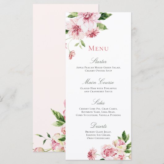 Pink Summer Floral Romantic Vrijgezellenfeest Menu (Voorkant / Achterkant)