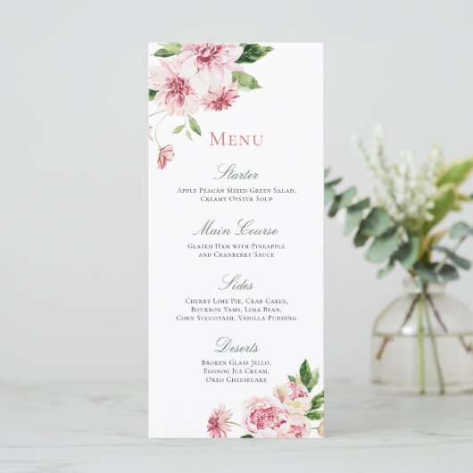 Pink Summer Floral Romantic Vrijgezellenfeest Menu (Staand voorkant)