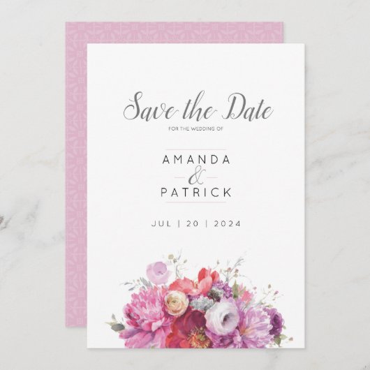 Pink Summer Floral Waterverf Wedding Save The Date (Voorkant / Achterkant)