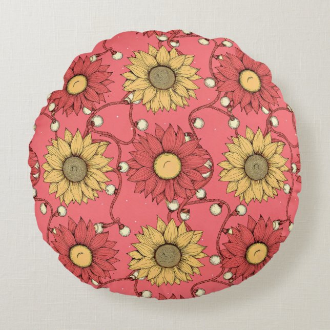 Pink Sunflowers Christmas Rond Kussen (Voorkant)