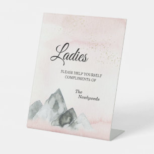 Pink Sunrise Mountain Weddenschap Dames Bathroom Reclamebord Met Voetstuk