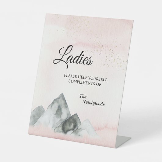 Pink Sunrise Mountain Weddenschap Dames Bathroom Reclamebord Met Voetstuk (Voorkant)