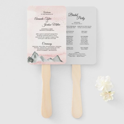 Pink Sunrise Mountain Wedding Program Hand Fan Handwaaier (Voorkant en achterkant)
