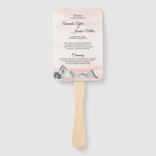 Pink Sunrise Mountain Wedding Program Hand Fan Handwaaier (Voorkant)