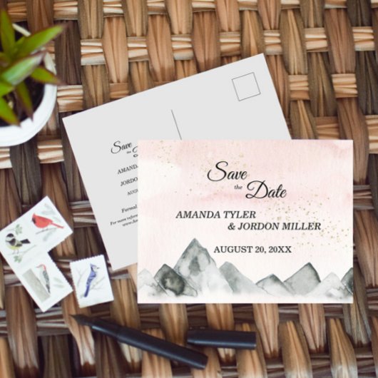 Pink Sunrise Mountain Wedding Save the Date Aankondigingskaart