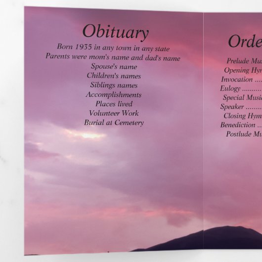 Pink Sunset Five Photo Memorial Drieluik Aankondiging (Binnenzijde eerst)