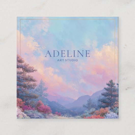 Pink Sunset Forest Gold Frame Vibrant Landscape Vierkante Visitekaartje (Voorkant)