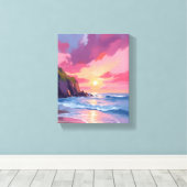 Pink Sunset Ocean Beach Waves Watercolor Canvas Afdruk (Insitu (Houten vloer))