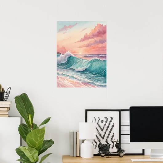 Pink Sunset Ocean Waves Poster (Thuiskantoor)