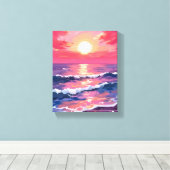 Pink Sunset Purple Ocean Waves Watercolor Canvas Afdruk (Insitu (Houten vloer))