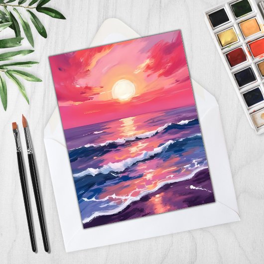 Pink Sunset Purple Ocean Waves Watercolor Card