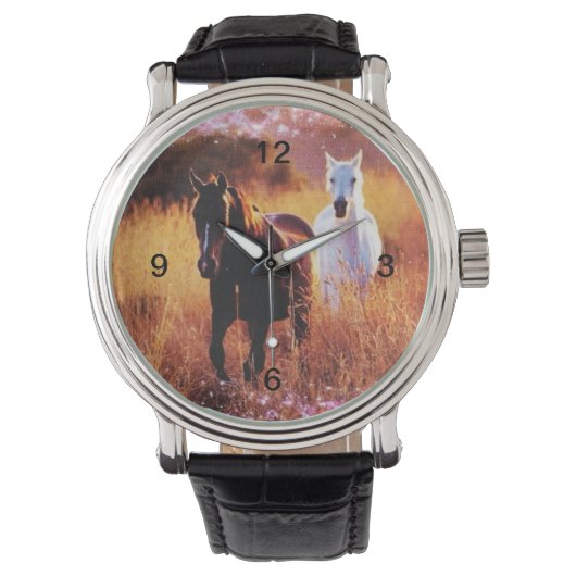 Pink Sunset Western land Galloping Horses Horloge (Voorkant)
