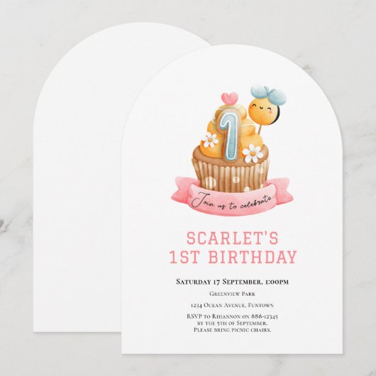 Pink Sunshine Cupcake 1st birthday Kaart (Voorkant / Achterkant)