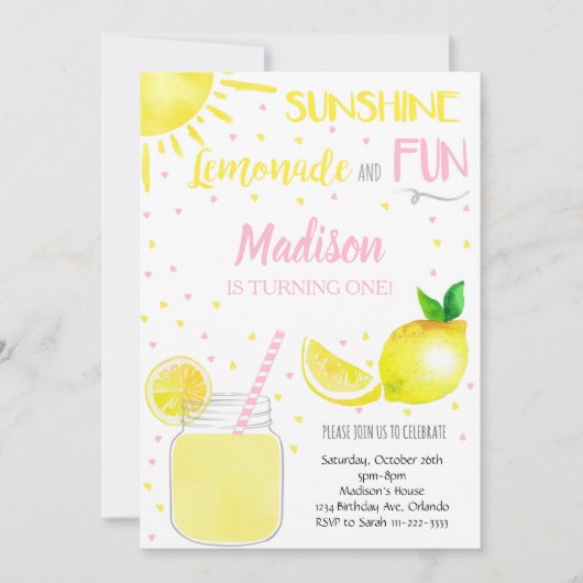 Pink Sunshine Lemonade Fun Party Verjaardag Uitnod Kaart (Voorkant)