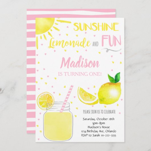 Pink Sunshine Lemonade Fun Party Verjaardag Uitnod Kaart (Voorkant / Achterkant)